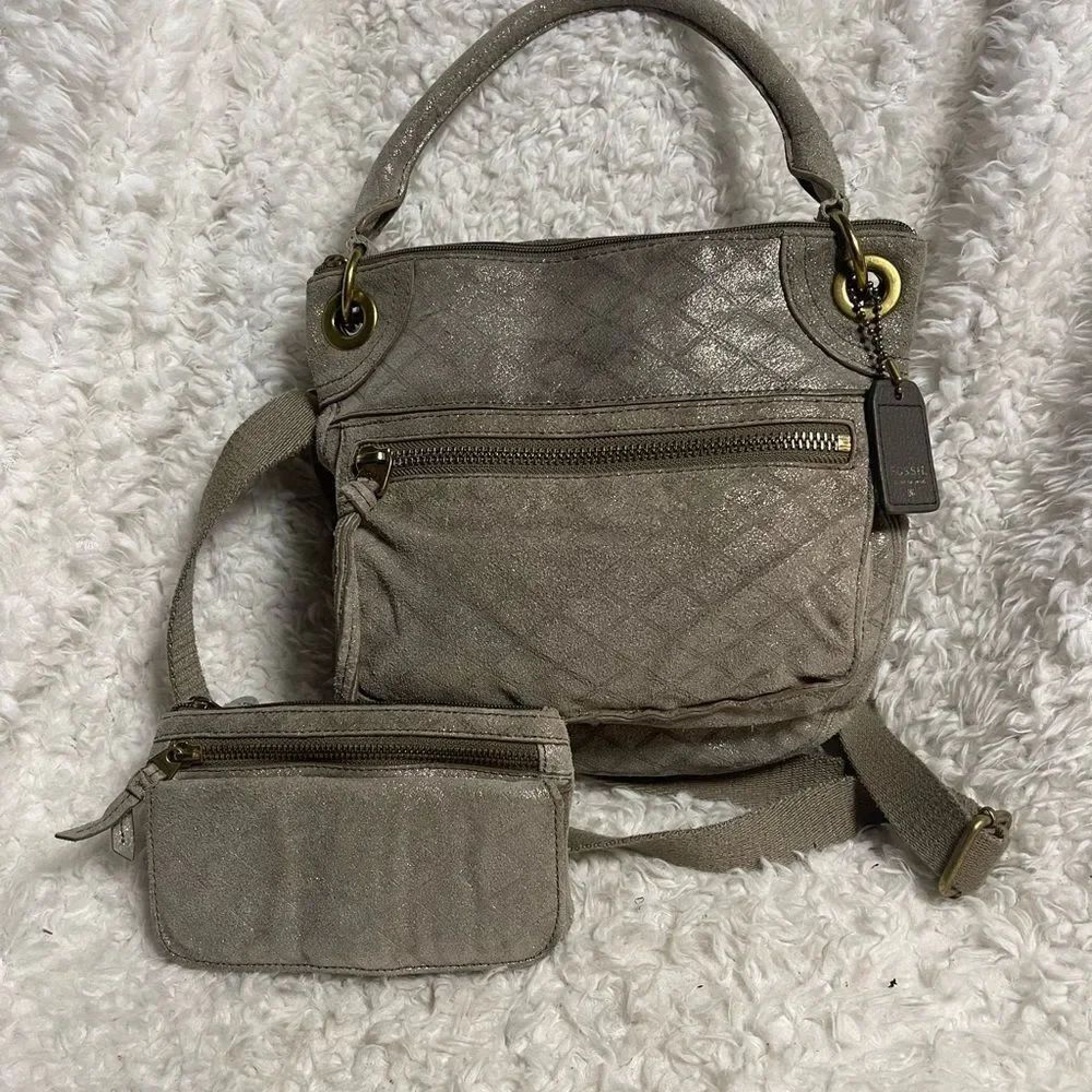 Fossil Kari leather suede gray shimmery hobo bag.brass hardwares.matching pouch